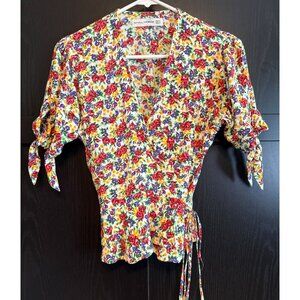 Faithfull The Brand Lucy Floral Wrap Peasant Blouse Size 4 Short Tie Sleeve Boho